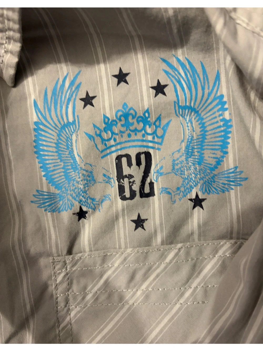 Faded Glory White Pinstripe Button-Down Shirt with Blue Embroidery
